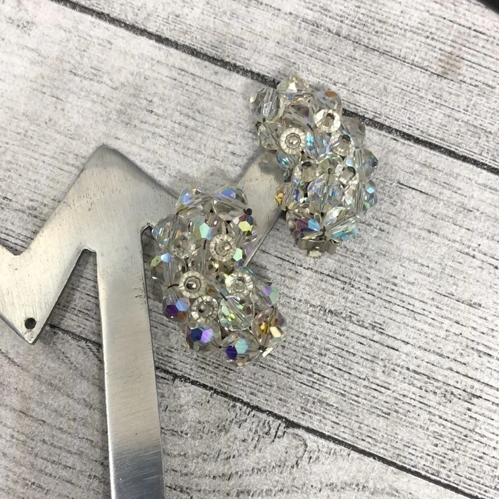 Vintage AB Aurora Borealis crystal statement clip on earrings-retro glam.